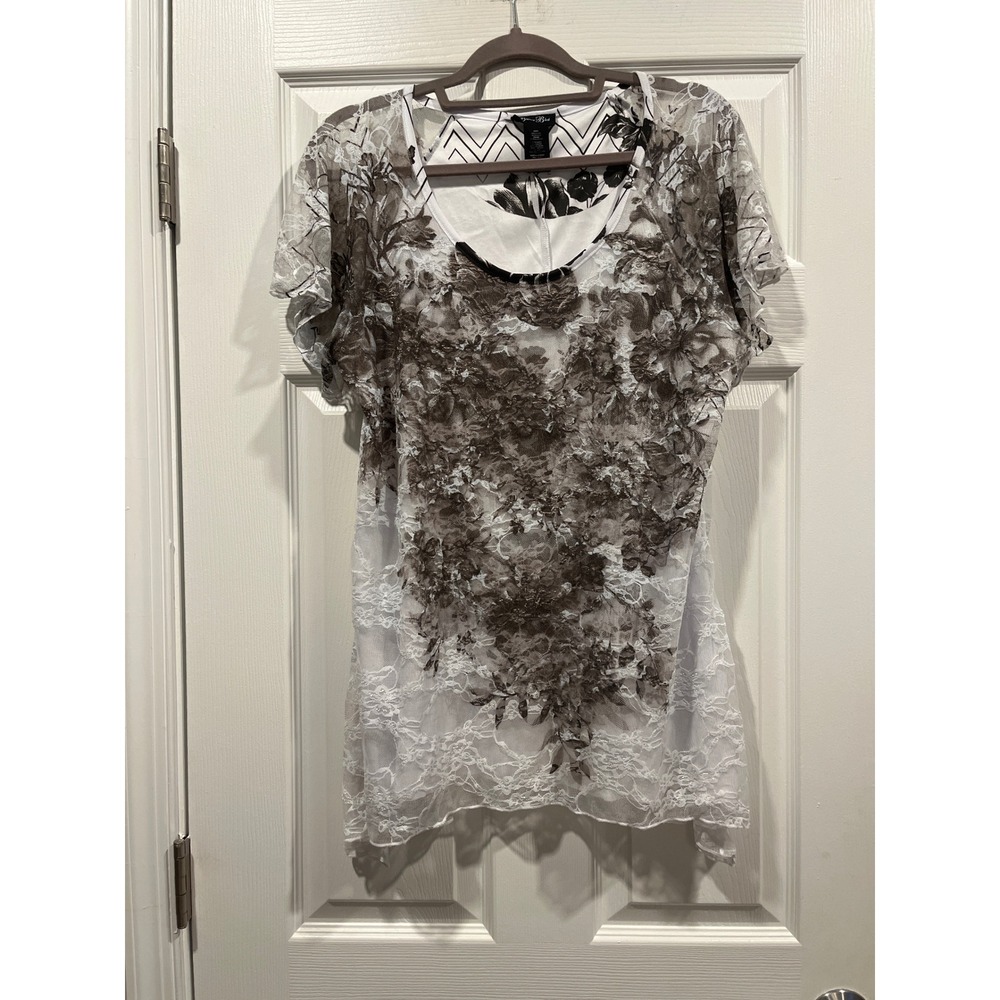 Brittany Black Floral Lace Layered Top Grey White‎ XL NL2112